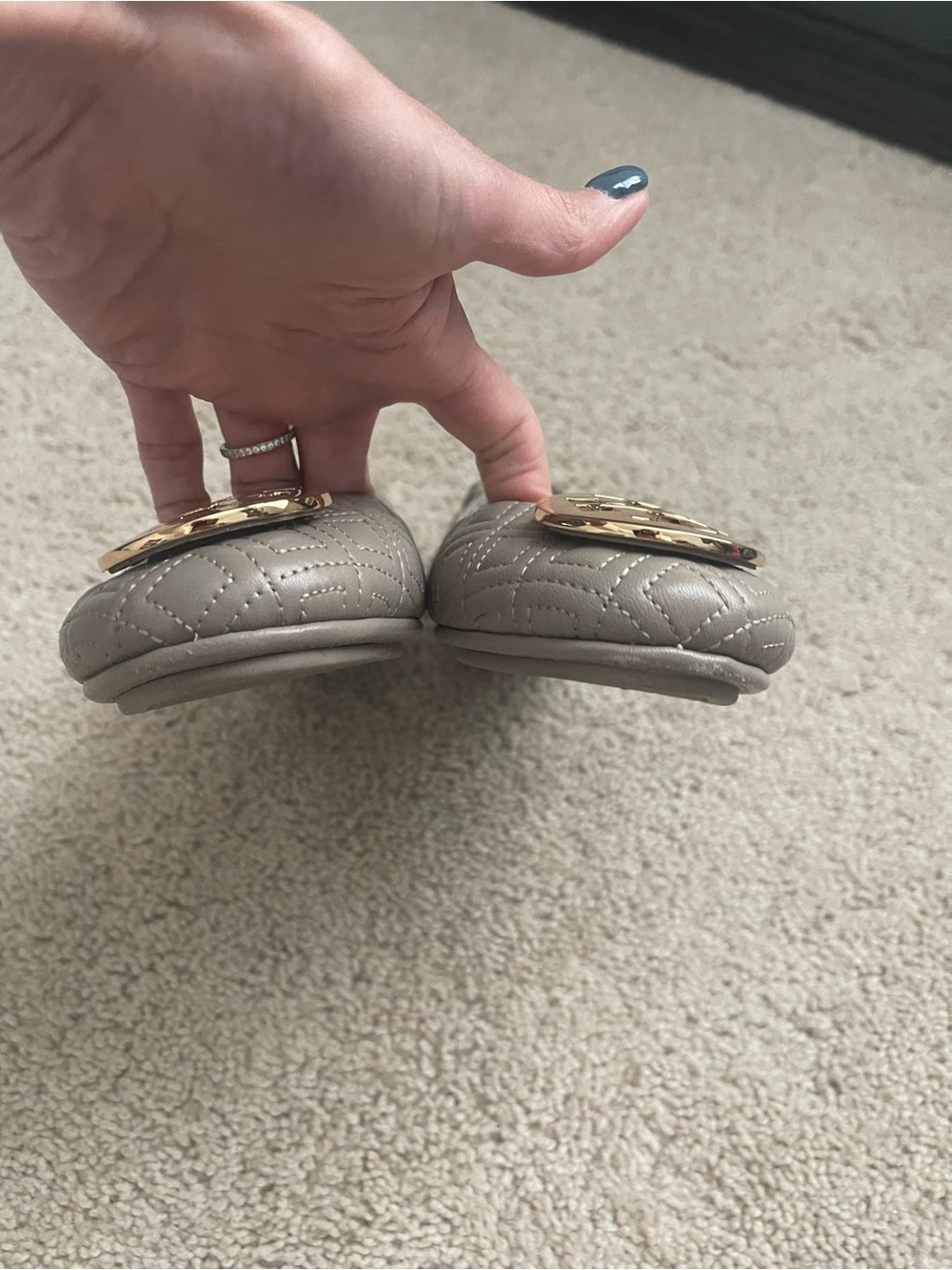 Tory Burch Quilted Gray Ballet Flats with Gold Logo Emblem - Picture 2 of 6